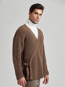 Manfinity CityGents Men's Casual Solid Color Tie-Up Wrap Cardigan, Autumn/Winter Japanese Sweater Coat, Kimono Sweater, Brown Sweater Coat It Is Great For Couples And Makes An Excellent Gift Idea For Boyfriends Or Husbands Or Friends , Fall