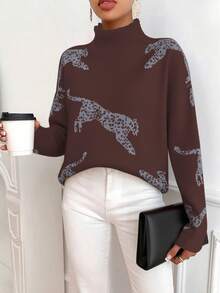 EMERY ROSE Women's Leopard Jacquard Knit Turtleneck Loose Pullover Sweater - Coffee Brown - View 5