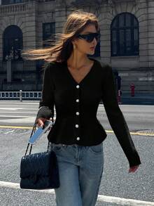 DAZY Women's Loose Cardigan With Pearl Buttons, Autumn