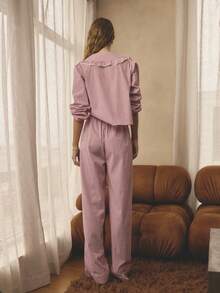 Aralina Christmas Holiday Season Cosy Sleepwear Women's 3pcs Stripped Frill Collar Detail Button Down Long Lantern Sleeve Shirt And Wide Leg Long Pants With Contrast Pipping With Sleep Mask, Matching Set , Cute Cosy Pajamas , Christmas Pajamas, Winter Clothes - Red and White - View 2