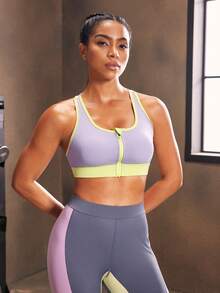 Powerista Women's Contrast Color Criss-Cross Back Zipper Front Sports Bra
