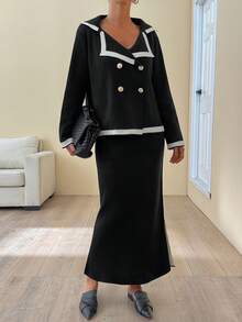EURMUSE Lässiger Schal-Ausschnitt Doppelreiher Kreuz Gold Knopf Cardigan und maxikontrastreiche Farbblock Seitenstreifen Seitenschlitz Strickrock 2 Stücke Set für Herbst Winter Elegante Frauen Strick Kollektion - Schwarz und Weiss - Übersicht 4