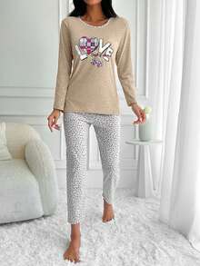 EURMUSE 100%Cotton Heart And Slogan Graphic PJ Set - Krem - View 5