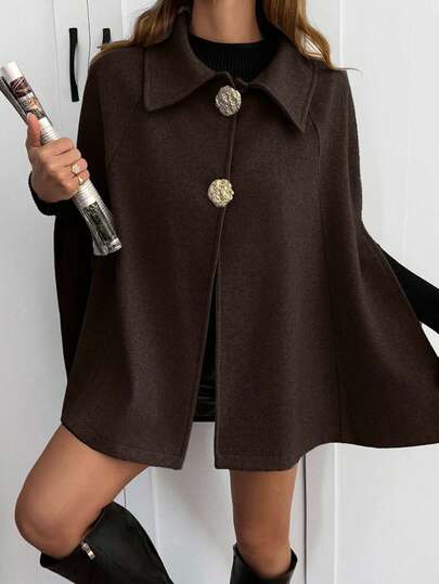 SHEIN Donna, autunno, bottone, colletto, lunghezza regolare, vestibilità oversize, mantella, mantello, casual, uso quotidiano