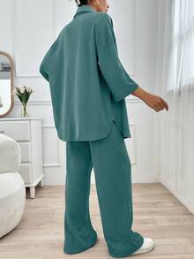 EURMUSE 2pcs Women's Casual Solid Color Front Button Loose Shirt And Pants Set, Autumn - Teal Blue - View 2