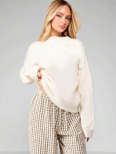 MISSGUIDED Chunky Knit Crew Neck Sweater Long Sleeve Cozy Winter Pullover Oversized Warm Fall Knitted Top