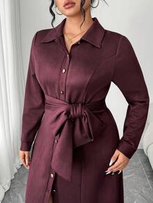 Elenzga Robe chemise femme grande taille, couleur unie, col cranté, boutons devant et ceinture, manches longues, décontractée, minimaliste, velours rétro, port quotidien, robe maxi épaisse, style casual chic occidental - Rouge foncé - Voir 3
