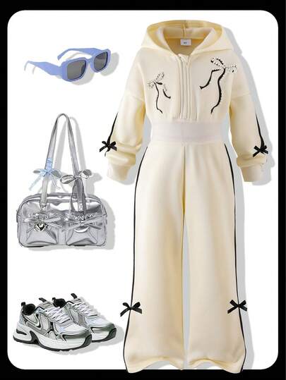 SHEIN 女童休闲日常运动连帽拉链连体裤杏色舒适腰部设计简约风格秋季