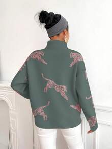 SHEIN Clasi 女式豹纹提花宽松高领长袖针织毛衣 - 橄欖綠 - 查看 2