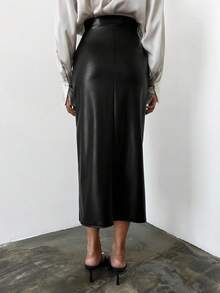 EURMUSE High Waist Split Thigh PU Skirt - Black - View 2