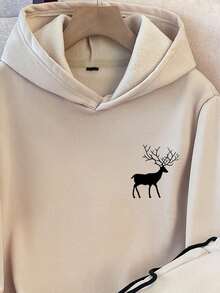 Manfinity Hypemode Minimalist Deer Silhouette Print Casual Sweatsuit For Men, Khaki, Cozy Outfits, Fall/Winter Clothes - Khaki - View 2