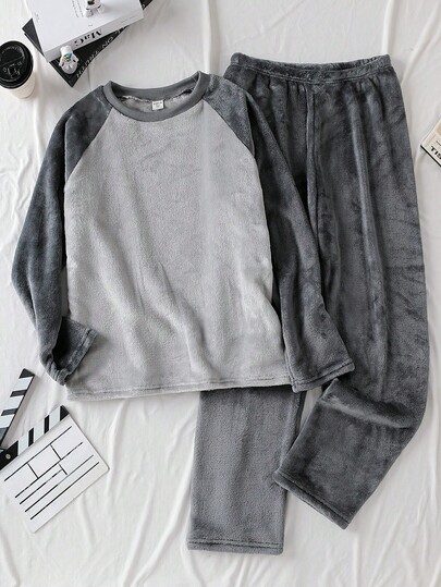 Set de 2 piezas de ropa de estar para adolescentes varones con parte superior de manga raglán y contraste de color y pantalones de felpa, para otoño/invierno