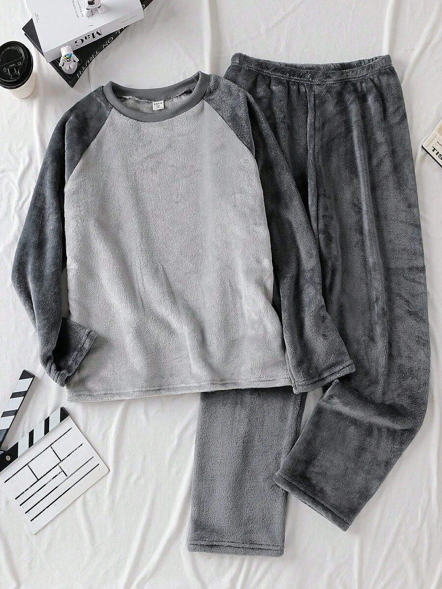 Genkimix Kids 男童休闲毛绒羊毛插肩袖拼色卫衣和裤子家居服套装，秋冬 - 灰色 - 查看 1