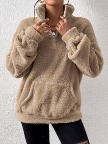 SHEIN EZwear 女士卡其色半拉链长袖套头卫衣，宽松版型，秋冬季长袖上衣，适合毕业典礼、返校、女教师、秋季、圣诞节等场合。 - 卡其色 - 查看 3