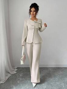 Elenzga 2 件秋冬复古翻领不对称肩部西装外套 + 裤子套装