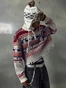 NEON BLANC Áo len chui đầu nửa khóa kéo họa tiết hươu nai thời trang thường ngày dành cho nam, dành cho mùa thu đông, Giáng sinh - Màu be - Xem 2
