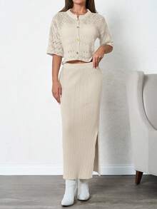 EURMUSE Women's Thick Knit Cardigan And Skirt Set With Metallic Button, Winter - Apricot - View 5