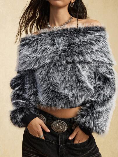 Easelle 复古游牧不对称肩部舒适薄款保暖性感优雅女式蓬松夹克仿皮草上衣银色上衣短款上衣皮草上衣女式上衣秋冬女装