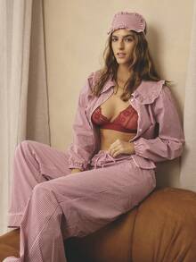 Aralina Christmas Holiday Season Cosy Sleepwear Women's 3pcs Stripped Frill Collar Detail Button Down Long Lantern Sleeve Shirt And Wide Leg Long Pants With Contrast Pipping With Sleep Mask, Matching Set , Cute Cosy Pajamas , Christmas Pajamas, Winter Clothes - Red and White - View 11