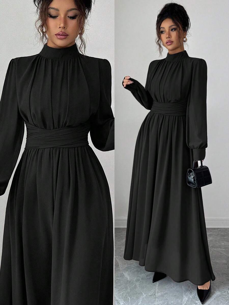 Elenzga Váy maxi dài tay dáng chữ A, dáng thường ngày, đi làm, đi nghỉ, tiệc trà chiều, dự tiệc, chất liệu voan màu nâu trơn, cổ đứng, thắt chéo, eo rộng, lót nơ, dành cho nữ, mùa xuân/thu/đông - màu đen - Xem 1