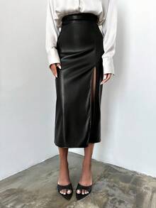 EURMUSE High Waist Split Thigh PU Skirt - Black - View 4