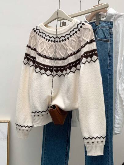 SHEIN Unity New Autumn/Winter Vintage Elegant Commuting Fair Isle Pattern Cable Crew Neck Sweater