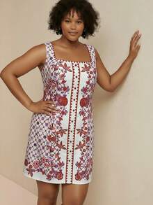 CAJUNI 加大码花卉印花方领裹腰 H 型短款连衣裙，加大码女装，加大码白色连衣裙，加大码 - 彩色 - 查看 3