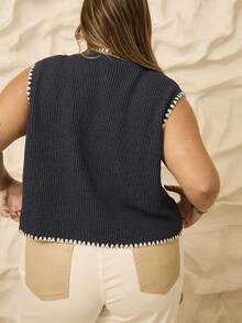 Aralina Curve Fall Winter Knitted Stolkhom Style Ribbed Button Up Casual Top With Blanket Stitch Detail - Multicolor - View 2