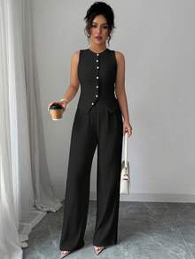 Elenzga 女士优雅通勤风格纯色纹理两件套 - 无袖圆领纽扣修身吊带背心和高腰松紧腰宽松直筒裤