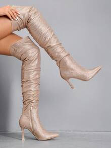 CUCCOO SZL Champagne Rhinestone Embellished Pointed Toe Stiletto Heel Thigh High Boots, Sexy & Glamorous For Performance, Party, Nightclub For Christmas - Champagne - View 3