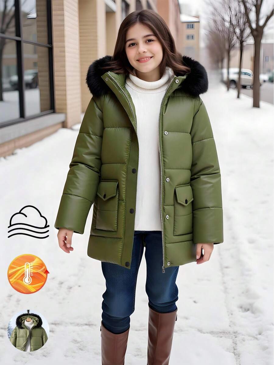 SHEIN Girls Olive Green Winter Modest School Hooded Padded Coat,Contrast Color Fur Collar,2 Front Pockets,Loose Fit Mid-Length Jacket For Autumn/Winter - Army Green - View 1