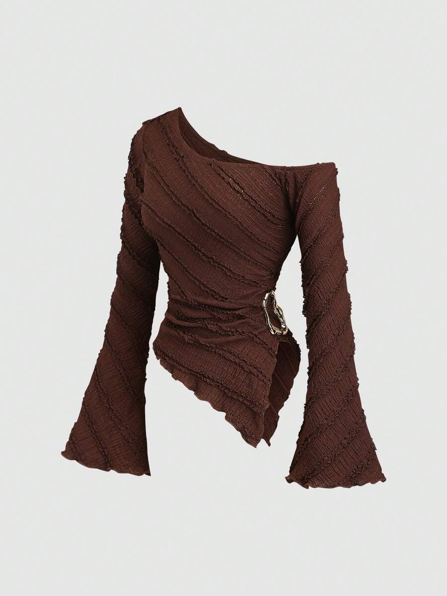 Sweetra Áo cánh du lịch đi làm thường ngày xuân/hè/thu mới dành cho nữ, vải có họa tiết, viền bất đối xứng, tay loe, trang trí kim loại hai bên - Cà phê nâu - Xem 1