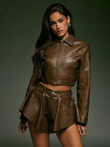 Denimoi 女式 PU 皮革口袋时尚阔腿短裤 - 鏽棕色 - 查看 3