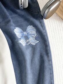 Genkimix Kids مجموعة من قميص ثقيل رقبة طاقم مع نمط الفيونكة وبنطال جينز ممزق للفتيات المراهقات، 2 قطعة