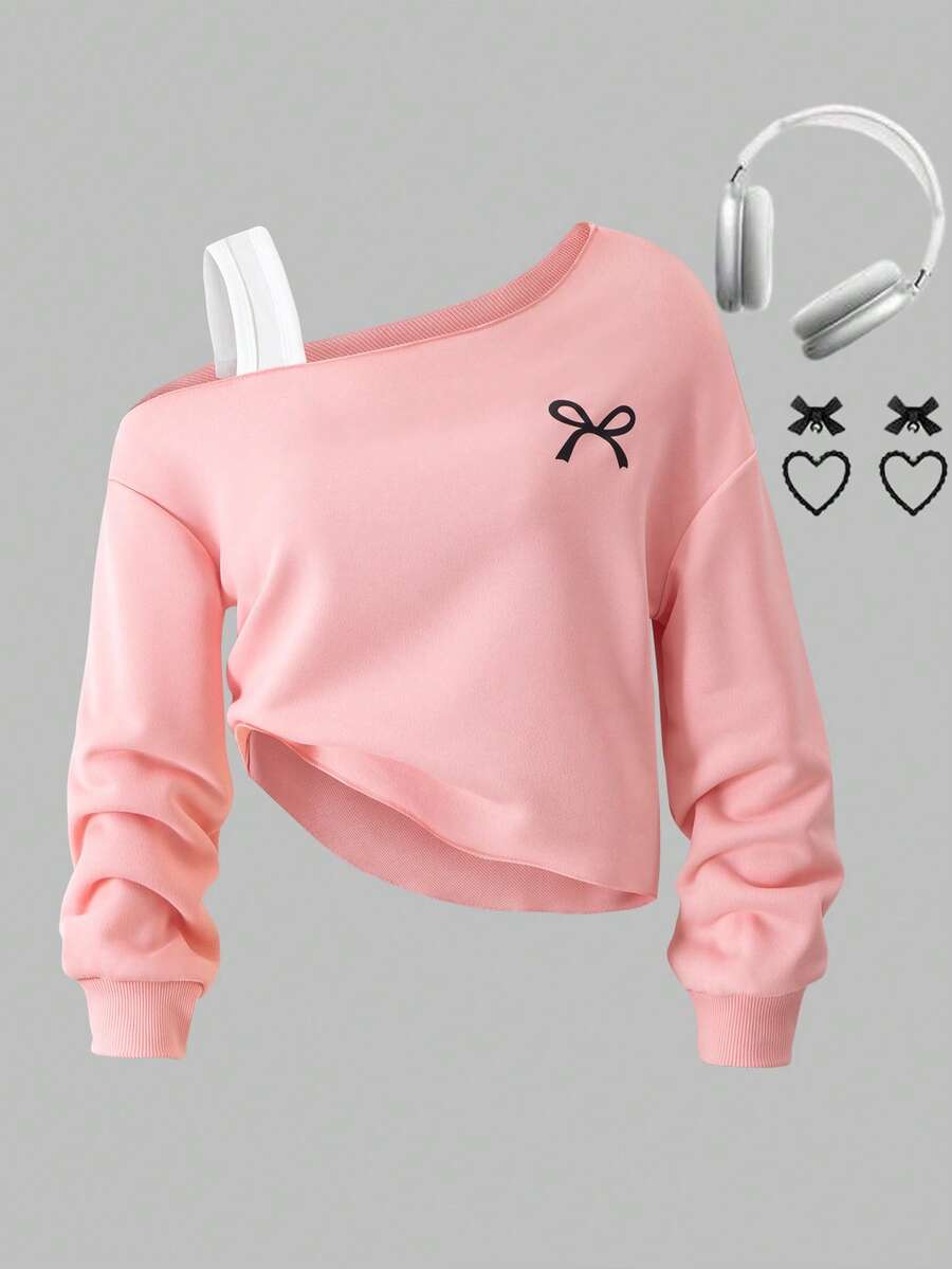 Sparklyn 青少年女孩蝴蝶结印花不对称露肩不对称下摆休闲运动衫 - 粉色 - 查看 1