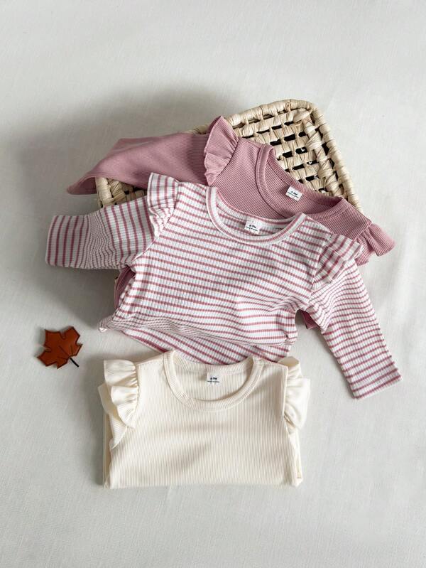 SHEIN 3pcs/Set Baby Girls' Simple Versatile Sweet Cute Soft Stretchy Solid Color & Striped Ruffle Trim Long Sleeve Tops, Suitable For Autumn/Winter, Casual Wear, Home, Vacation