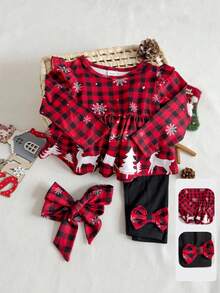 SHEIN Bộ đồ bé gái màu đỏ đen kẻ caro họa tiết bông tuyết, hươu, cây thông Noel, tay bồng, cổ tròn và eo chun, nơ kẻ caro kèm băng đô, thích hợp cho kỳ nghỉ Giáng sinh, thoải mái và năng động. - Đỏ - Xem 8
