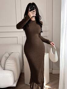 Feyla 1pc Women Solid Round Neck Long Sleeve Fitted Fringed Hem Dress, Minimalist Design Long Evening Dresses - Brown - View 6