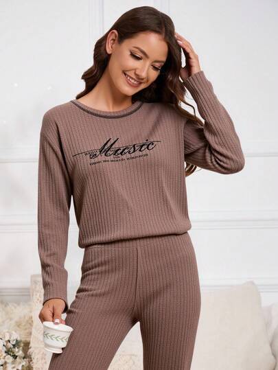 EURMUSE Women Rib Knit With Lettered Long Sleeve Shirt&Pants Homewear Lounge Set For Ladies