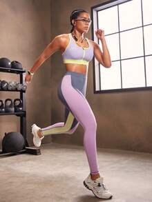Powerista Women's Contrast Color Criss-Cross Back Zipper Front Sports Bra