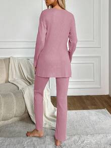 EURMUSE 女式休闲字母睫毛刺绣罗纹长袖上衣和裤子家居服套装 - 粉色 - 查看 2