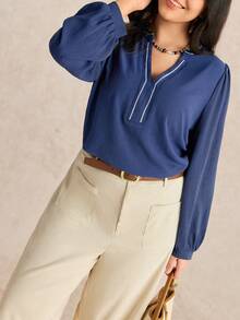 EMERY ROSE Plus Size Women Embroidered Wheat Ear Pattern V-Neck Solid Color Long Sleeve Loose Blouse Top, Suitable For Going Out, Vacation, Boho, Elegant Tops Shirt - Navy Blue - View 5