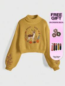 ROMWE Fairycore Áo len tay đèn lồng thêu hoa và họa tiết hươu Cottagecore thường ngày dành cho nữ, Thu/Đông - Màu vàng - Xem 4