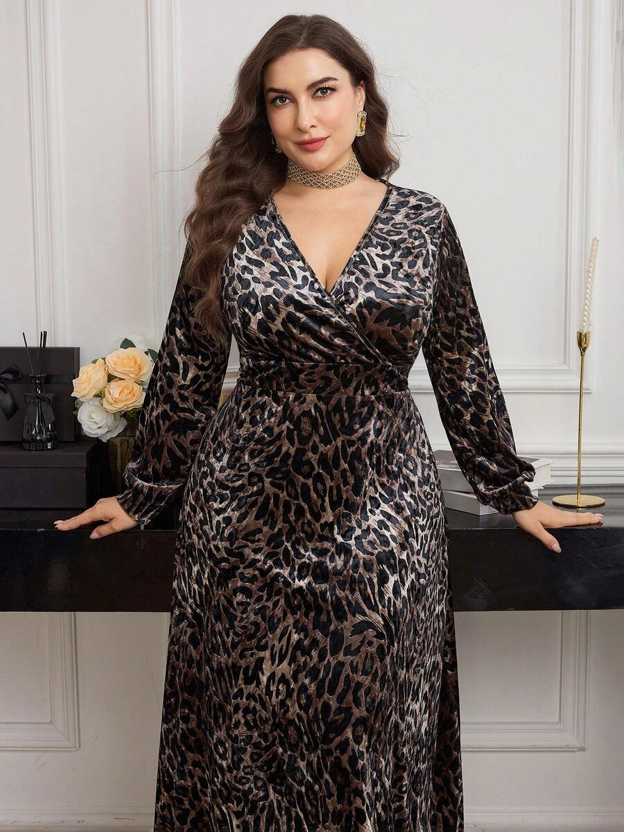 Modelyn Đầm Maxi họa tiết hoa nhung báo cỡ lớn cổ chữ V thắt eo thanh lịch lãng mạn - Nhiều màu - Xem 1