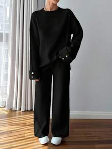 EURMUSE Women Button Detailed Sweater And Pant Set - Black - View 5