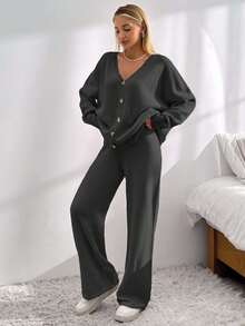 EURMUSE Drop Shoulder Cardigan & Tie Front Knit Pants - Dark Grey - View 4