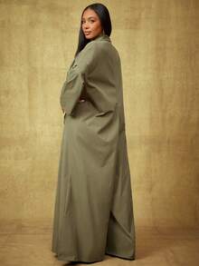 Vixey Bộ đồ liền thân ống rộng tay dài bằng vải satin mềm mại, bồng bềnh - Màu xanh Ô liu - Xem 5