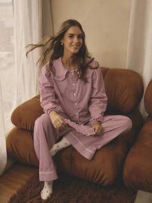 Aralina Christmas Holiday Season Cosy Sleepwear Women's 3pcs Stripped Frill Collar Detail Button Down Long Lantern Sleeve Shirt And Wide Leg Long Pants With Contrast Pipping With Sleep Mask, Matching Set , Cute Cosy Pajamas , Christmas Pajamas, Winter Clothes - Red and White - View 10