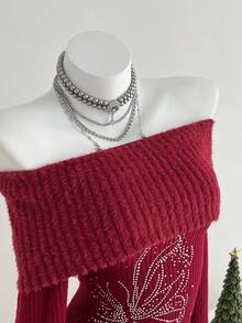 SHEIN Unity 女式复古露肩蝴蝶水钻装饰连衣裙，红色 - 紅色 - 查看 3