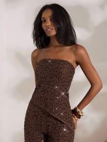 Opulessa 女士棕色亮片不对称下摆抹胸上衣，优雅派对、奢华晚宴、毕业舞会上衣、性感夜店装，棕色抹胸上衣 - 棕色 - 查看 1